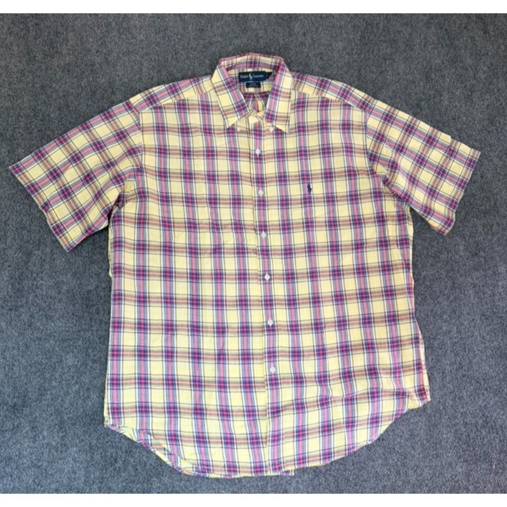 Ralph Lauren Blake Mens Button Down Shirt Short Sleeve Yellow Plaid Cotton Sz L